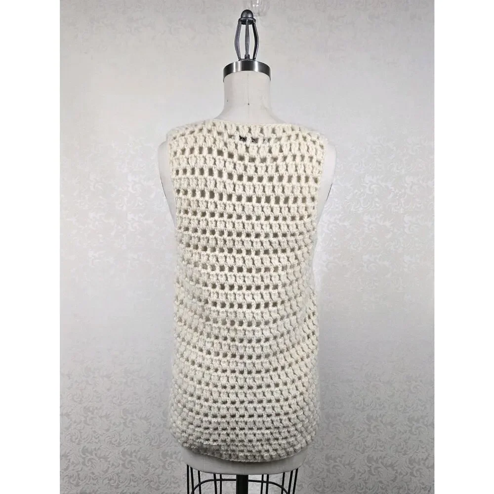 Vintage Bellariva Crochet Vest M Cream 100% Wool Italy Boho Cottagecore Festival